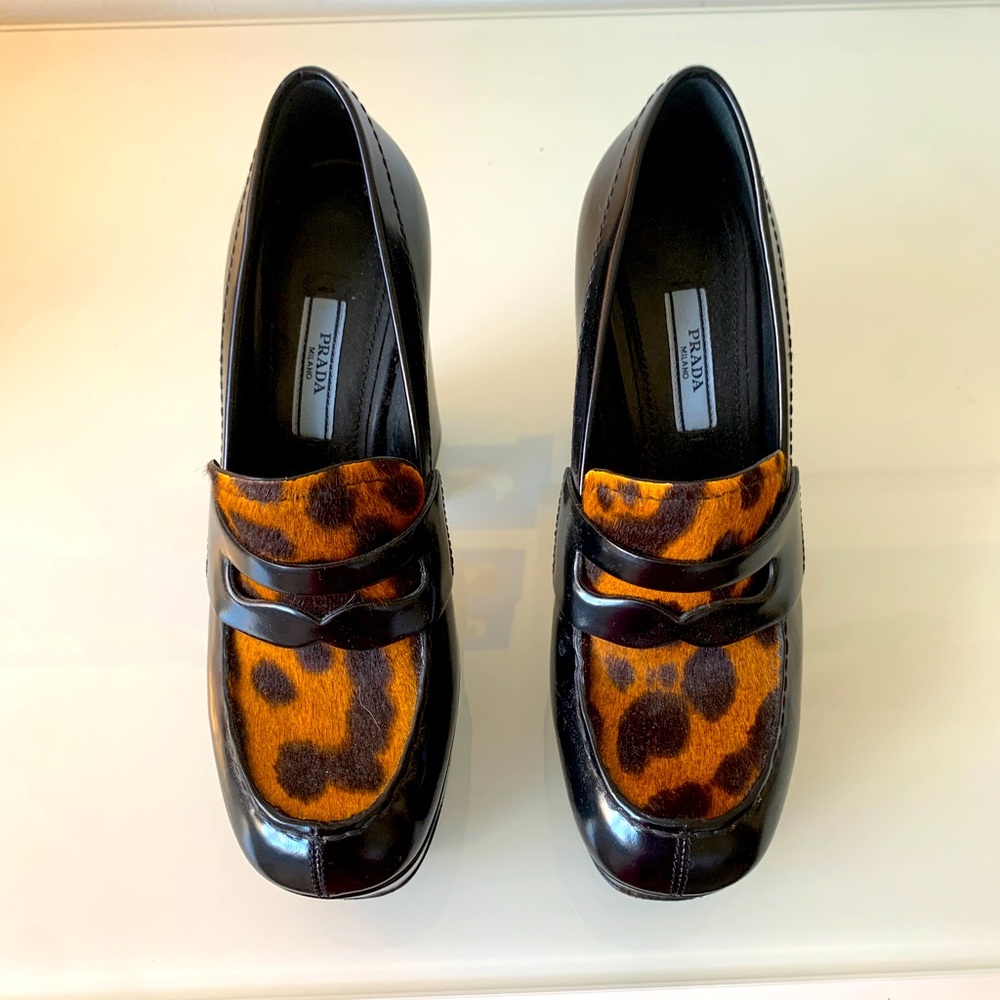 Prada Black Leather Platform Heal Loafer Leopard Print
